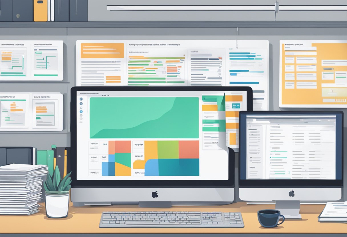 In the office, a computer screen displays an AI-powered applicant tracking system, streamlining recruitment process. Papers and folders are neatly organized on the desk