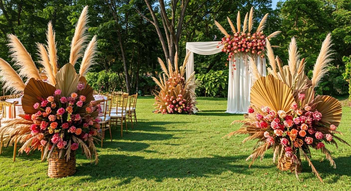 Outdoor wedding venue with seasonal flowers.