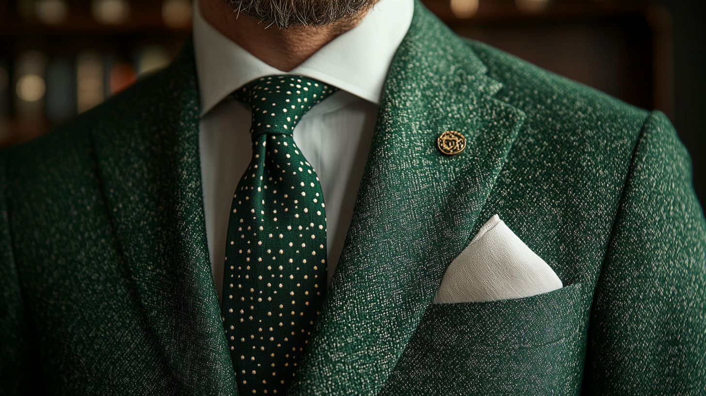 
A sharp green suit featuring a pocket square styled for elegance and personality. Options include a solid white or cream pocket square for a timeless look, a subtly patterned design with small florals or geometric shapes for added flair, or a pocket square that matches or complements the tie or shirt color. The overall appearance is polished and coordinated, with a balance of subtlety and contrast. The setting is a sophisticated indoor venue with soft, natural lighting highlighting the details of the ensemble.