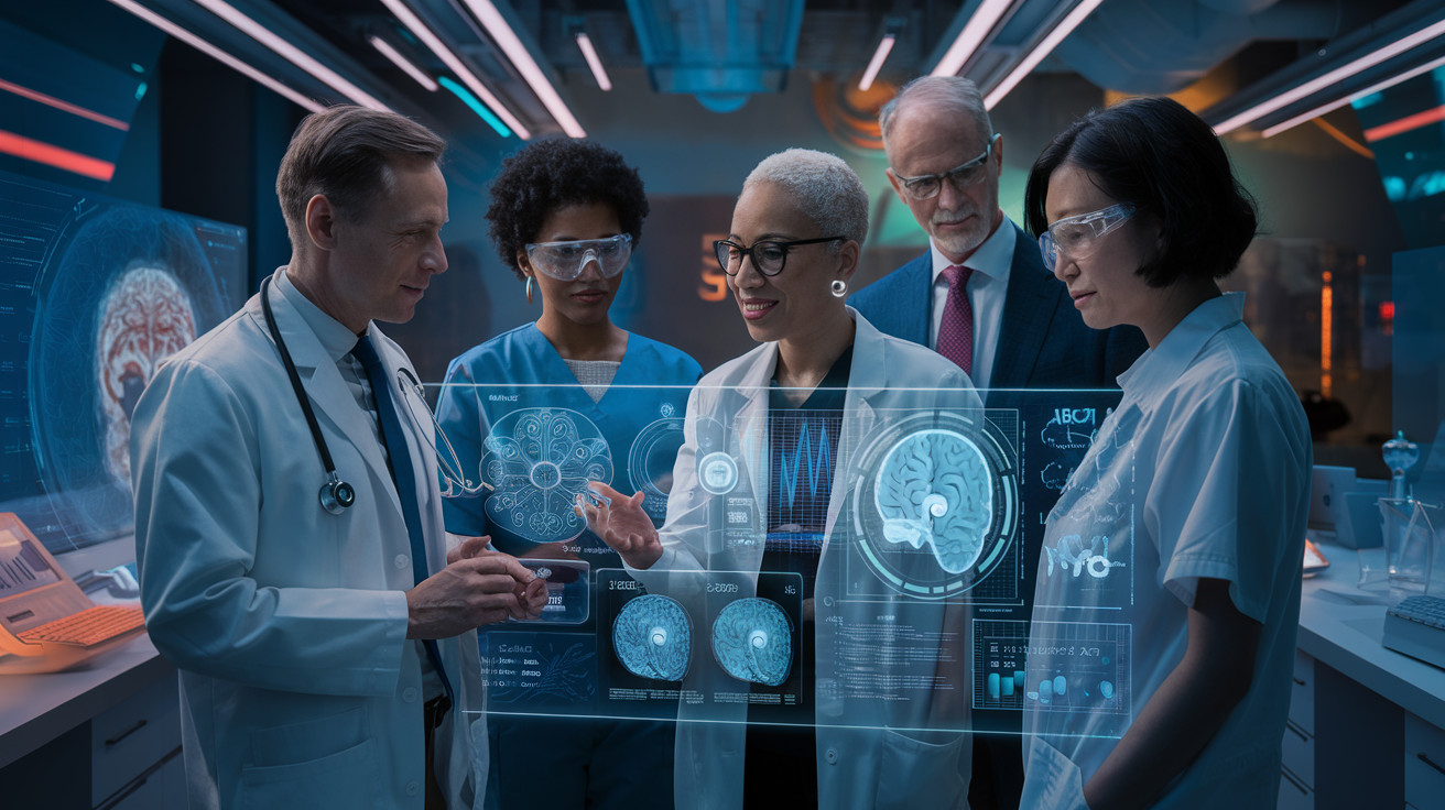 Create a realistic image of a diverse group of medical professionals, including a white male doctor, a black female psychiatrist, and an Asian non-binary therapist, gathered around a holographic display showing brain scans and AI-generated mental health data, with a backdrop of a modern research lab filled with advanced technology and ambient lighting, reflecting a mood of collaboration and scientific inquiry.