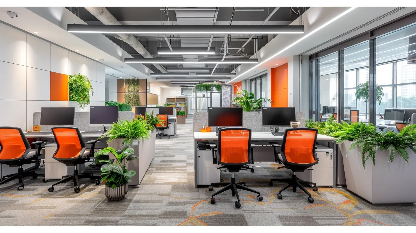 a modern office workspace is filled with vibrant visuals of brand identity and storytelling elements, featuring a striking combination of bold typography and captivating photography displayed on sleek digital screens that reflect the essence of lavida design's approach to connecting narratives with brand design.