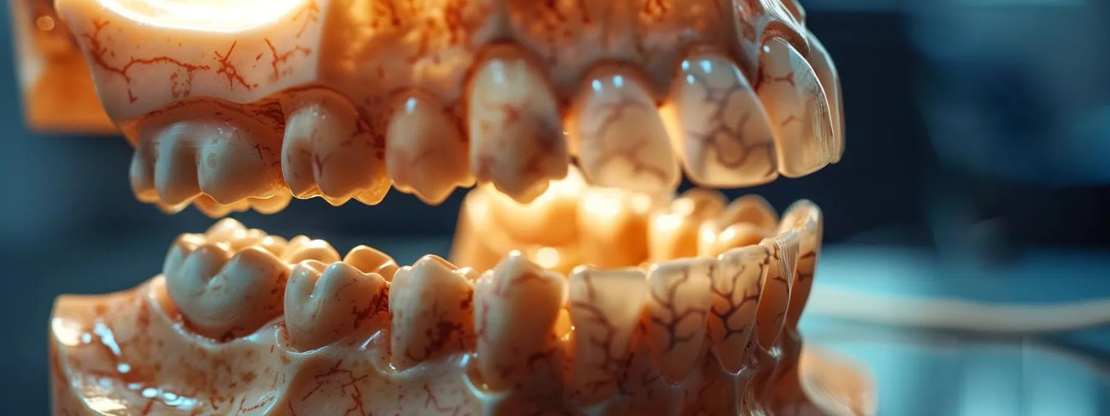 a close-up view of a dental model showcasing visibly flawed teeth with mottled enamel, illuminated by stark overhead office lights, emphasizing the stark consequences of vitamin d deficiency on oral health in a sterile clinic environment.