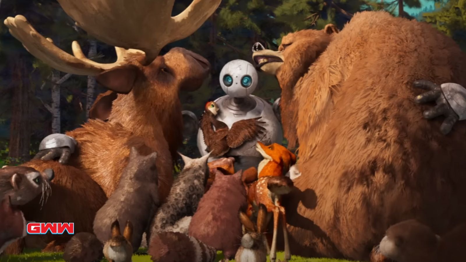 Roz holding a bird surrounded by forest animals, including moose and bear.