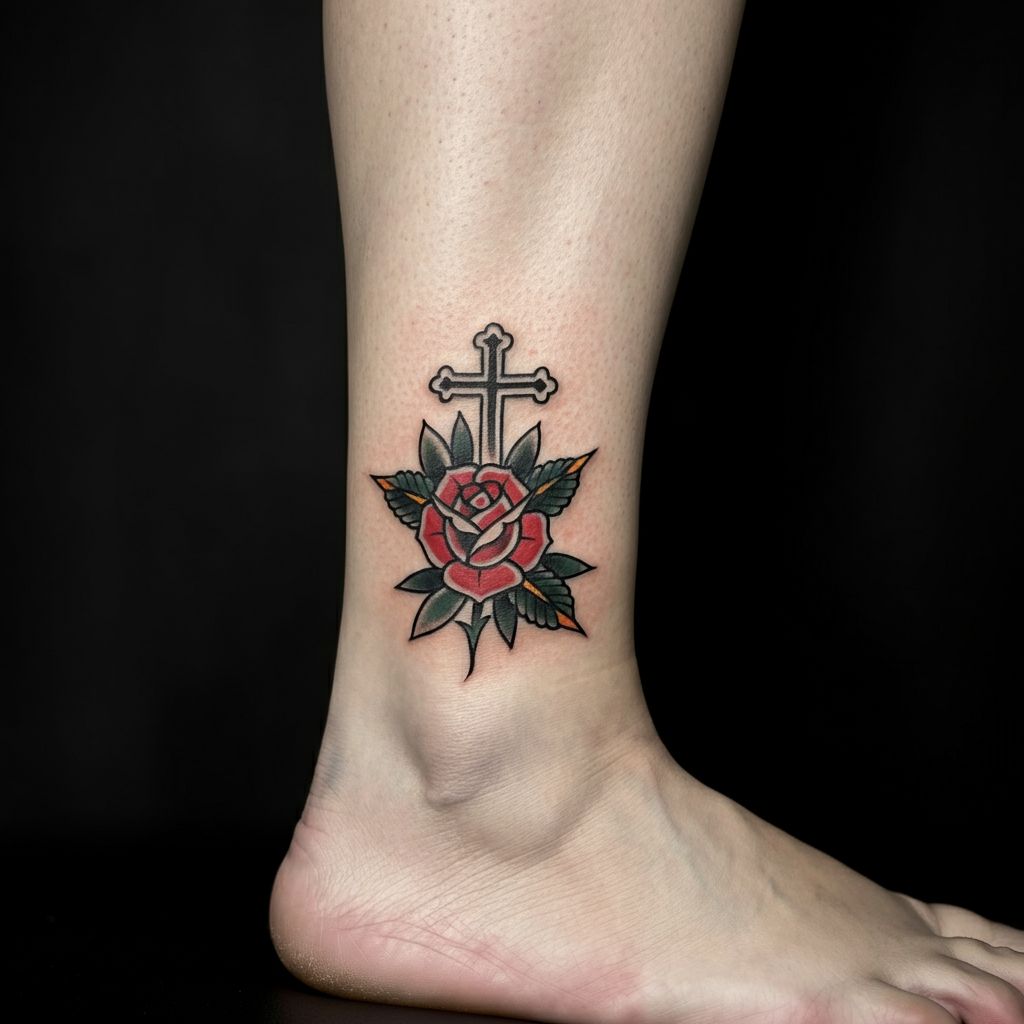 Cross with Flowers Tattoo on leg