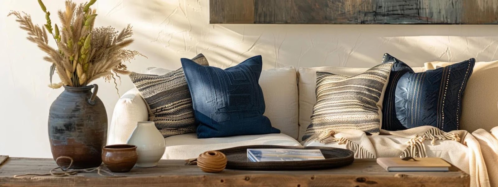 a stylish living room showcases a handwoven cotton throw blanket draped elegantly over a reclaimed wood coffee table, complemented by artisanal ceramic vases and decorative pillows in rich indigo and ivory tones, creating an atmosphere of refined sophistication and thoughtful design.