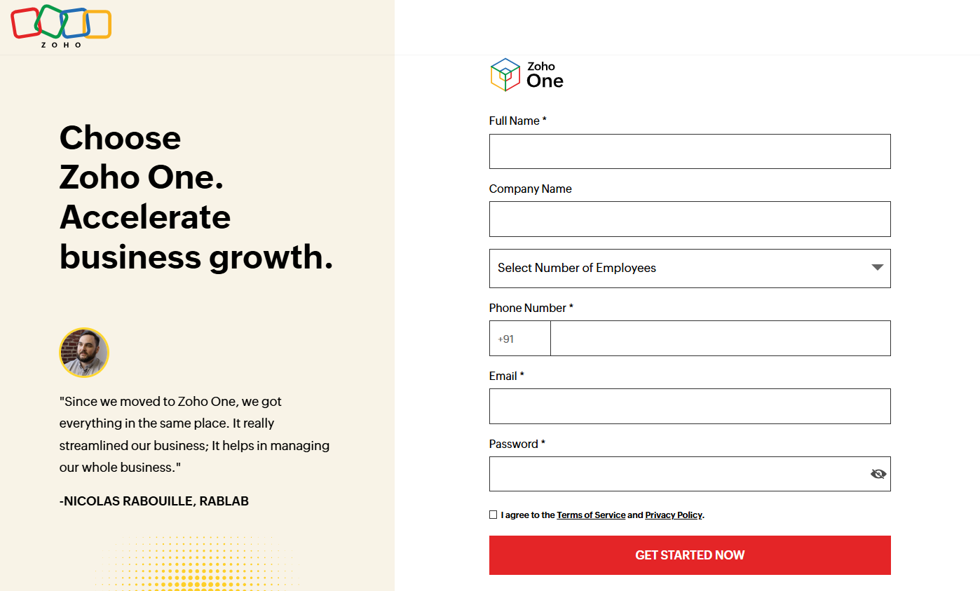 Image showing Zoho One’s landing page with a benefit-focused headline