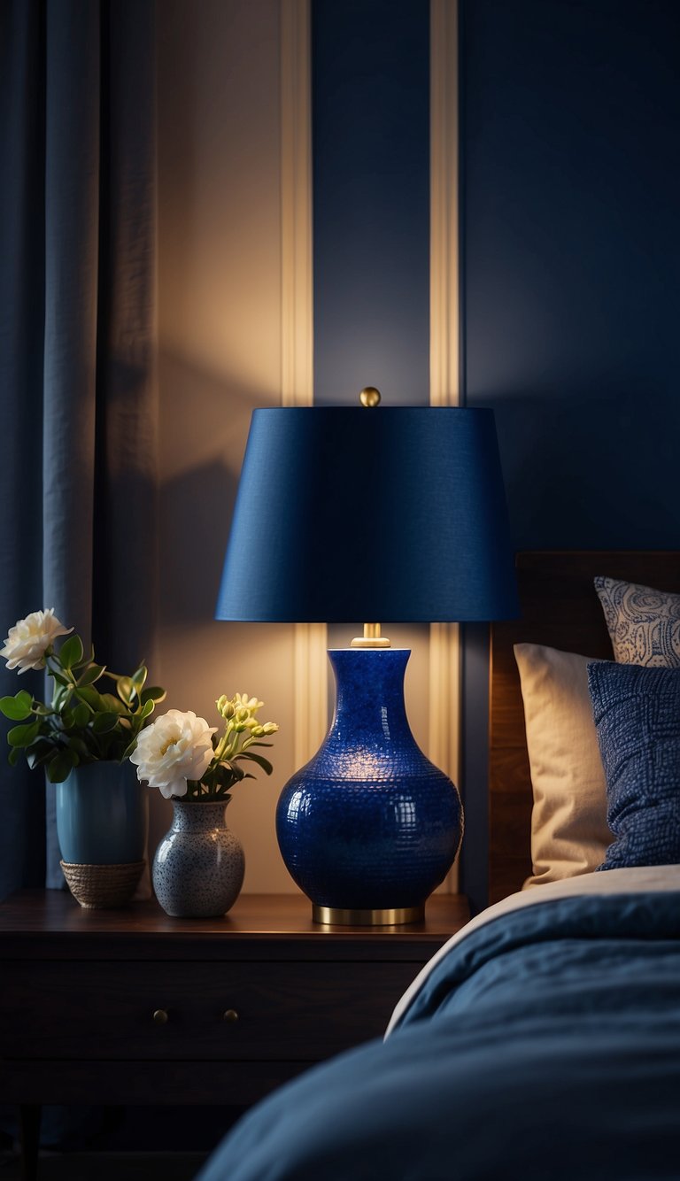 A cobalt blue lamp illuminates a dark blue bedroom, casting a soft, moody glow over the space. Rich blue walls and textiles create a serene and cozy atmosphere