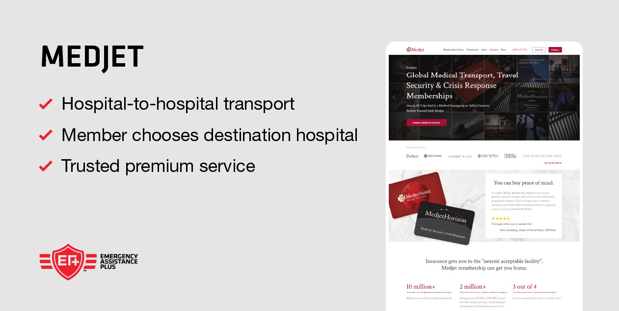 screenshot of medjet website with bulleted list of company highlights.