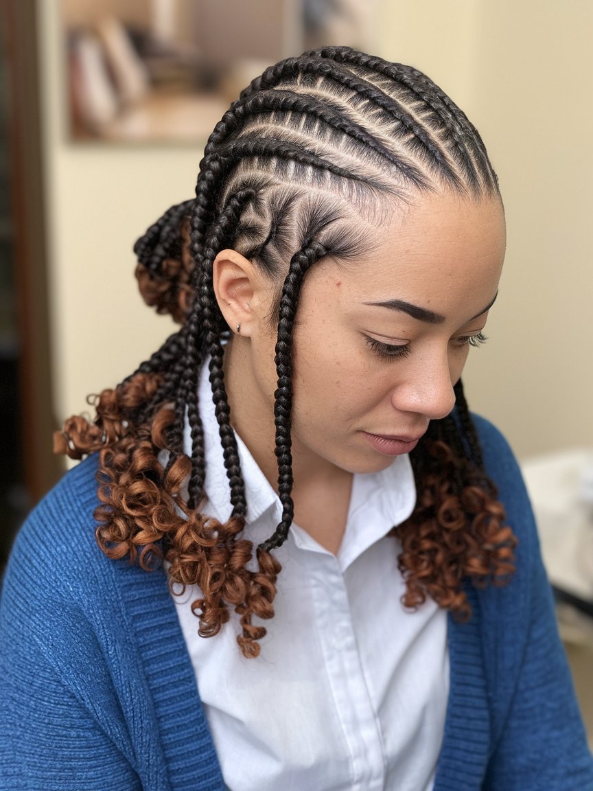 2. Cornrows with Curly Ends