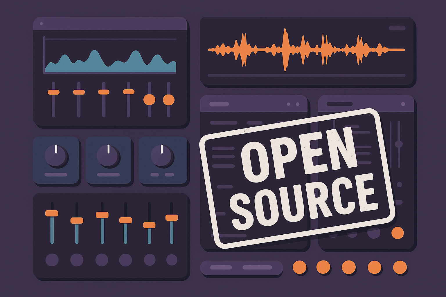 An abstract 3D audio workstation interface (real or fictional) with tools, plugins, and sliders, overlaid with an "Open Source" stamp.