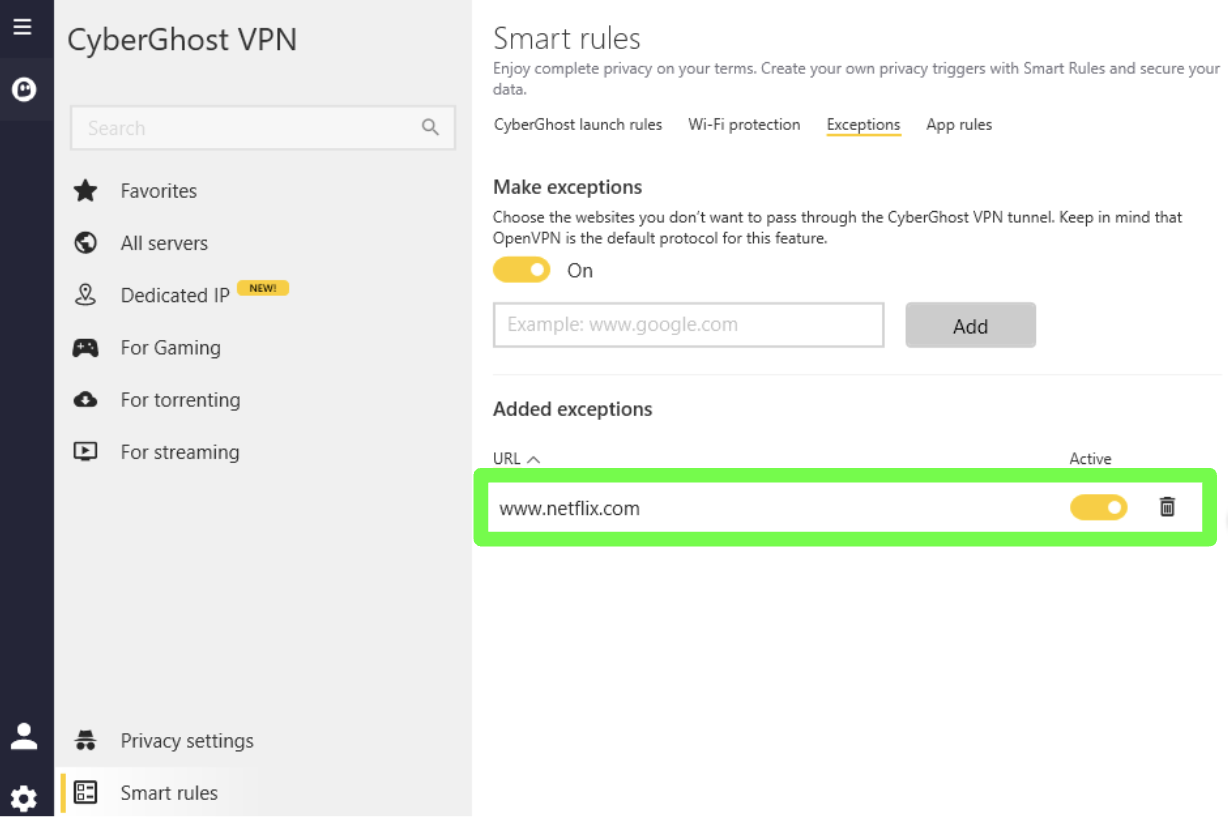 Captura de tela do URL Netflix.com sendo ativado na função Exceções no aplicativo CyberGhost VPN para Windows