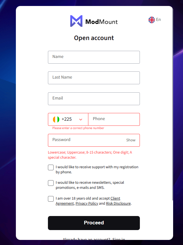 Open account with Modmount