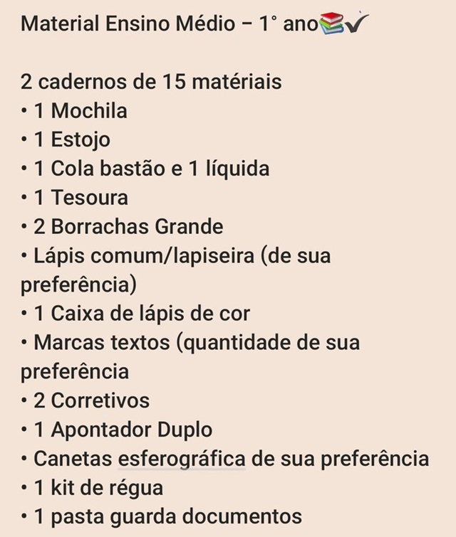 Lista de material escolar Ensino médio
