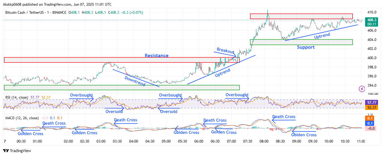 BCH/USDT M-1 Chart, Analyzed by Alokkp0608, published on June 7th, 2025.