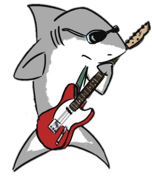 A cartoon shark playing a guitarDescription automatically generated