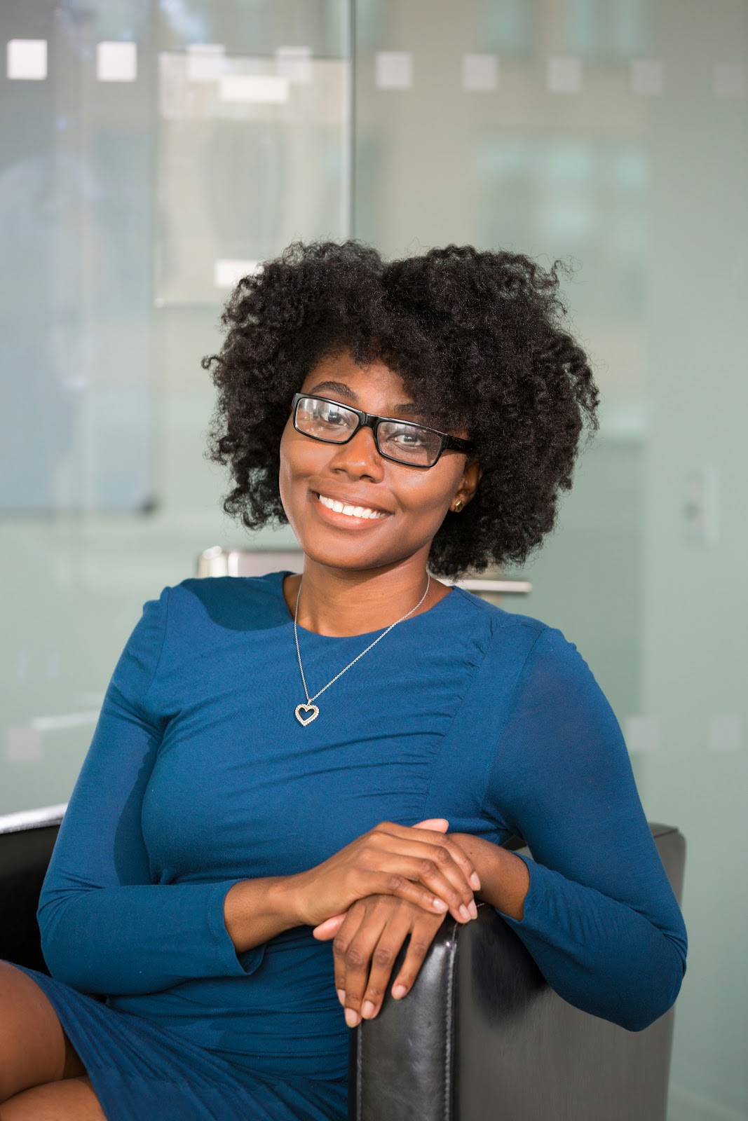 Woman wearing anti-glare glasses for a professional headshot