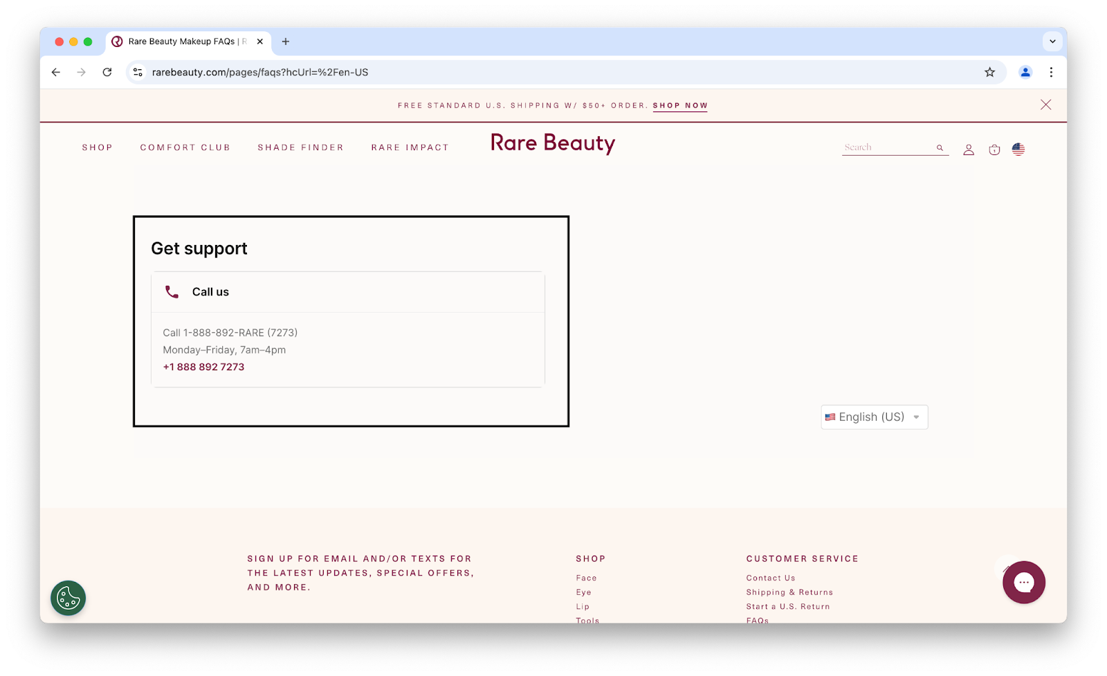 Image of Rare Beauty's customer support contact page.