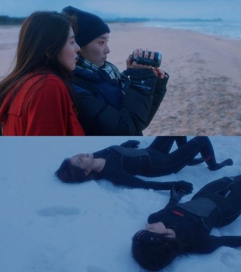 This contains an image of Han So Hee's and a guy laying in the snow and one is holding a camera