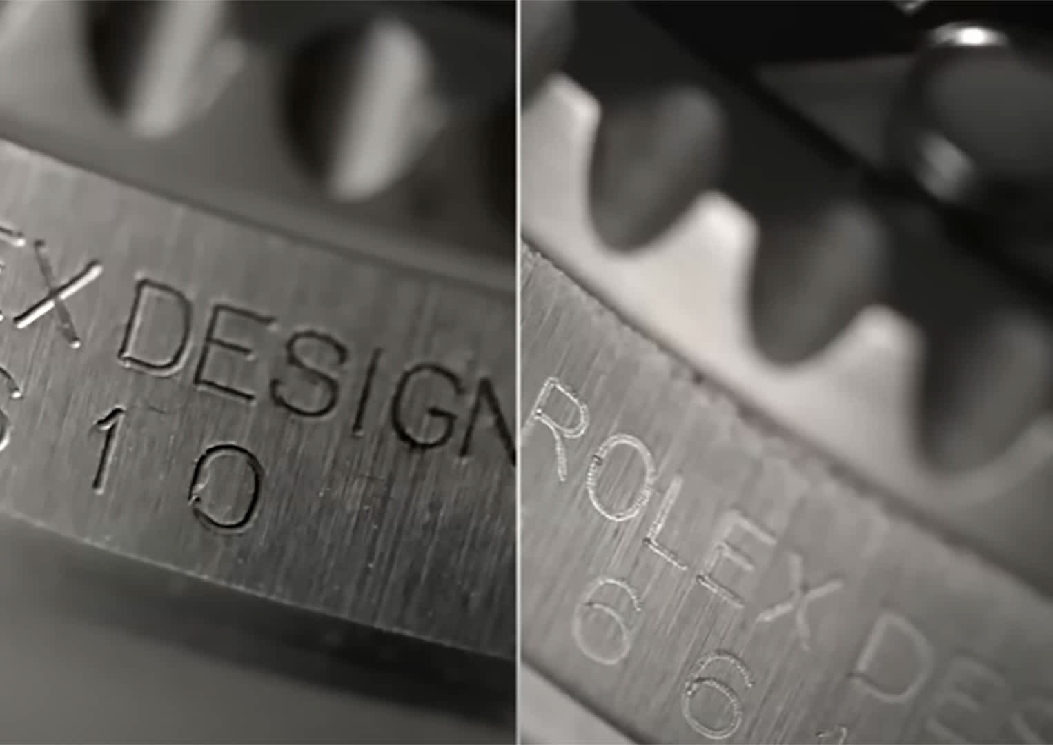 Close-up comparison of engraved serial numbers and text on luxury watch bezels to help verify authenticity