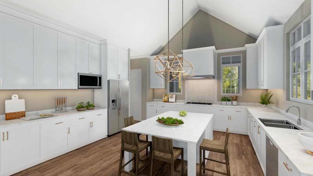 A couple of geometric pendants illuminate the breakfast island.