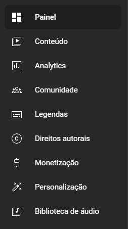 Menu do YouTube Studio