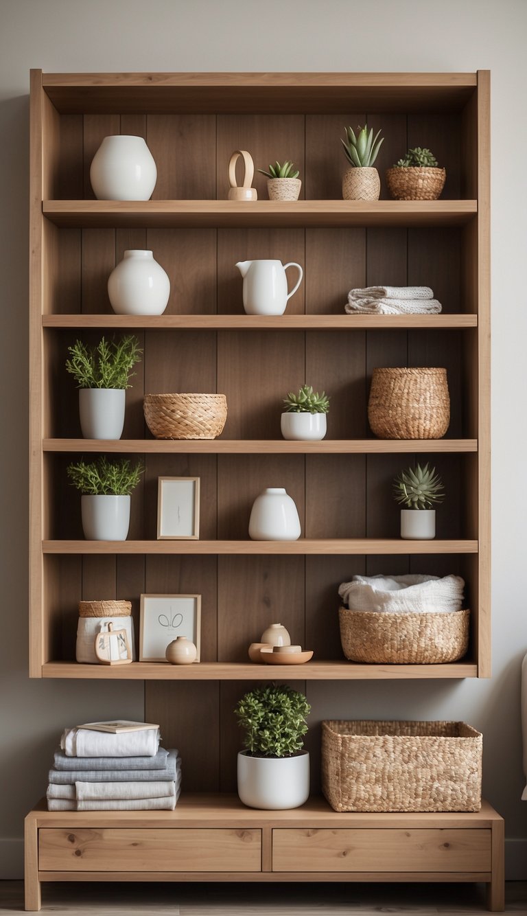 Natural wood shelves hold neutral decor in a serene bedroom