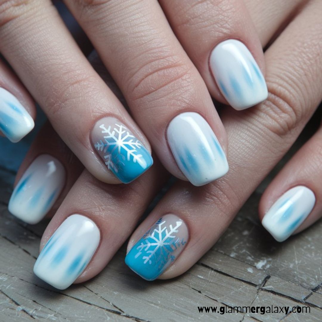 Cute Winter Nails having Icy White and Blue
