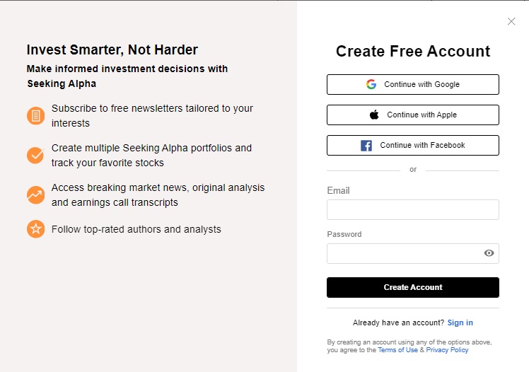 Seeking Alpha create free account page