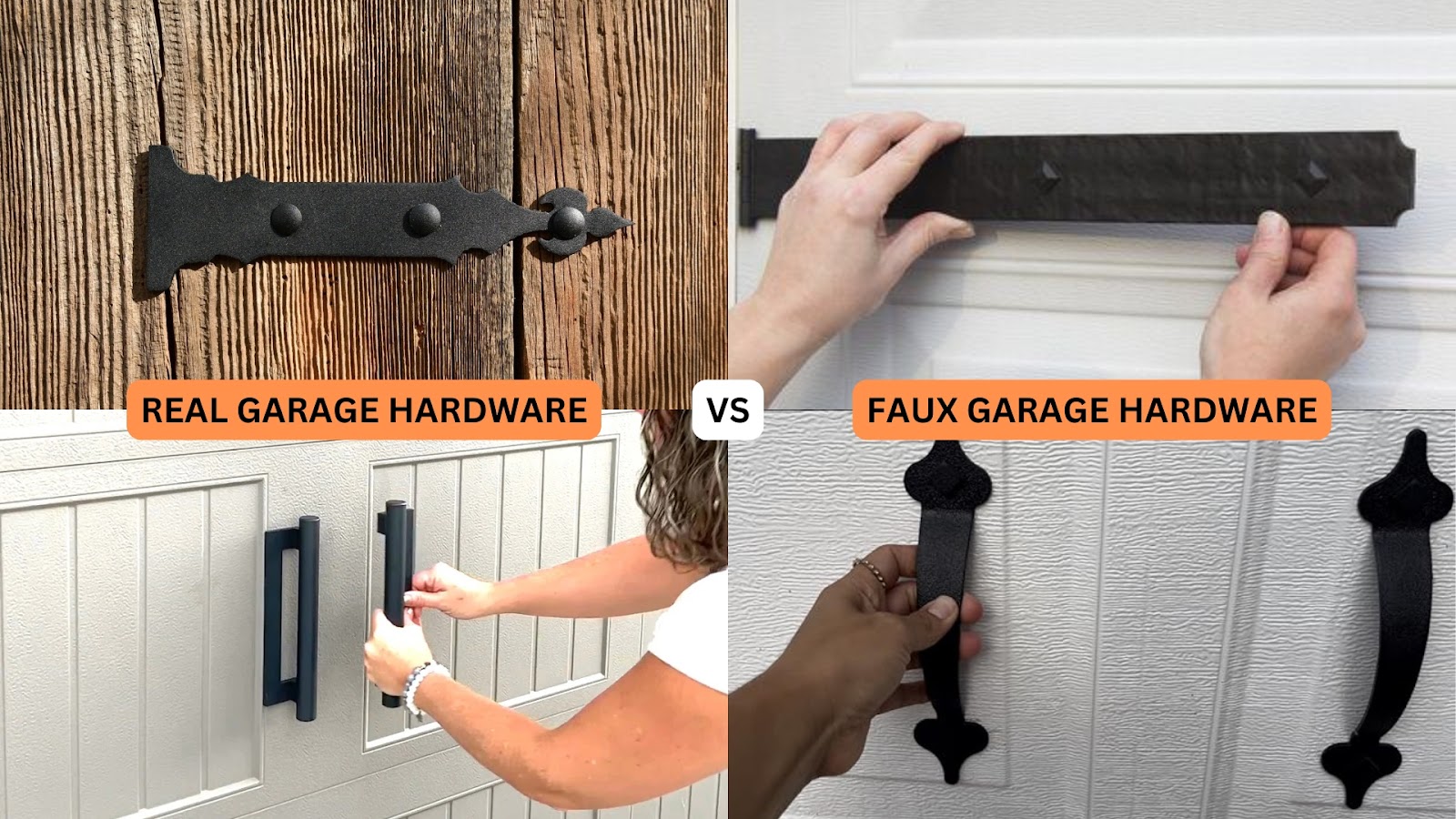 Real versus faux garage door hardware illustrated side by side.