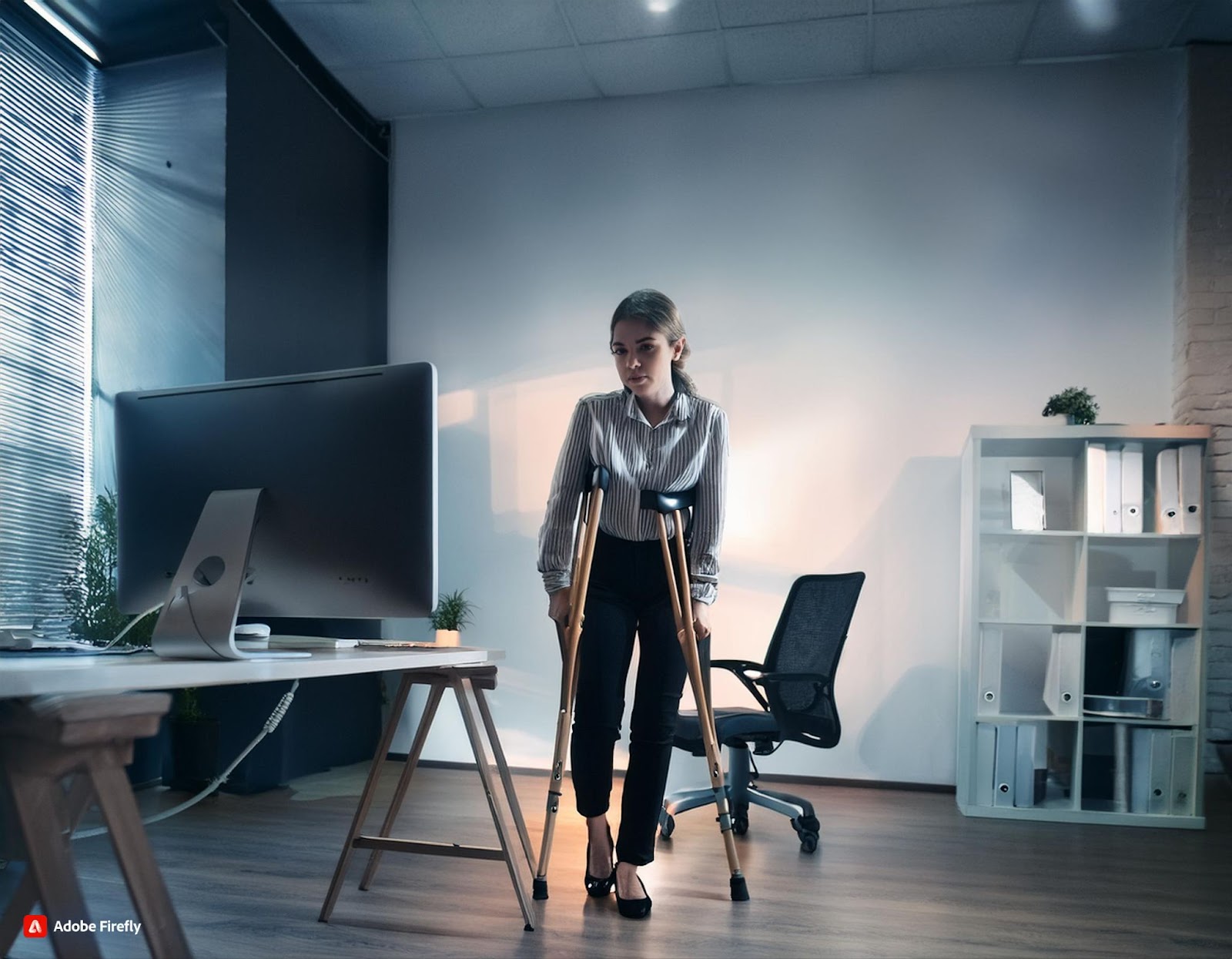 Image showing an employee trying to get by with crutches in an office