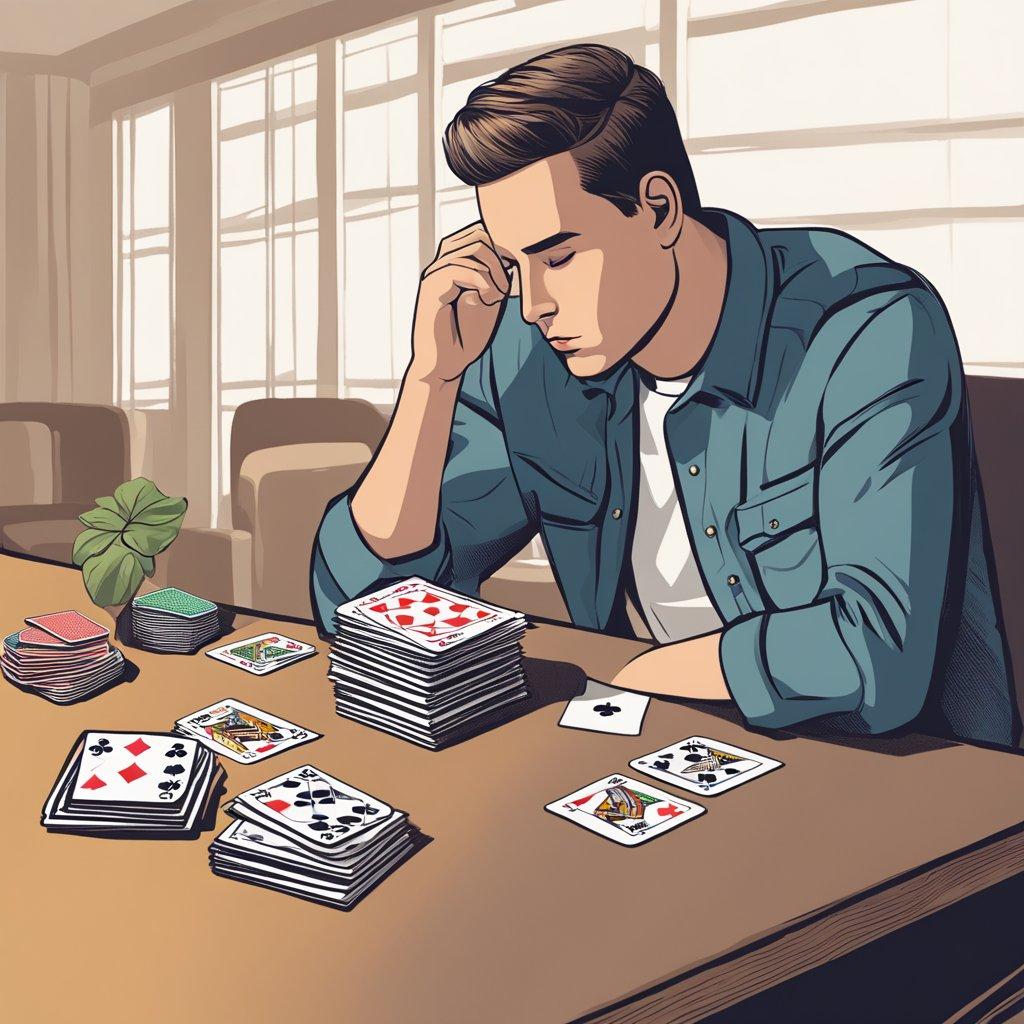 A person sitting at a table with a deck of cards, chips, and a responsible gambling brochure. The person is deep in thought, contemplating their next move