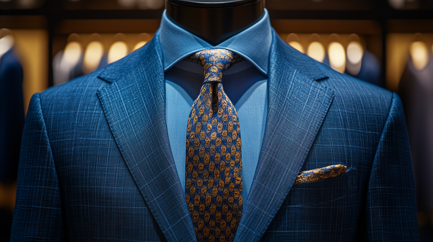 A mannequin displaying a blue suit with a subtle patterned tie with fine stripes or polka dots.