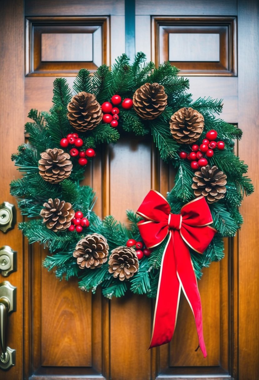 A festive wreath adorned with pine cones, red berries, and a big red bow hanging on a wooden door