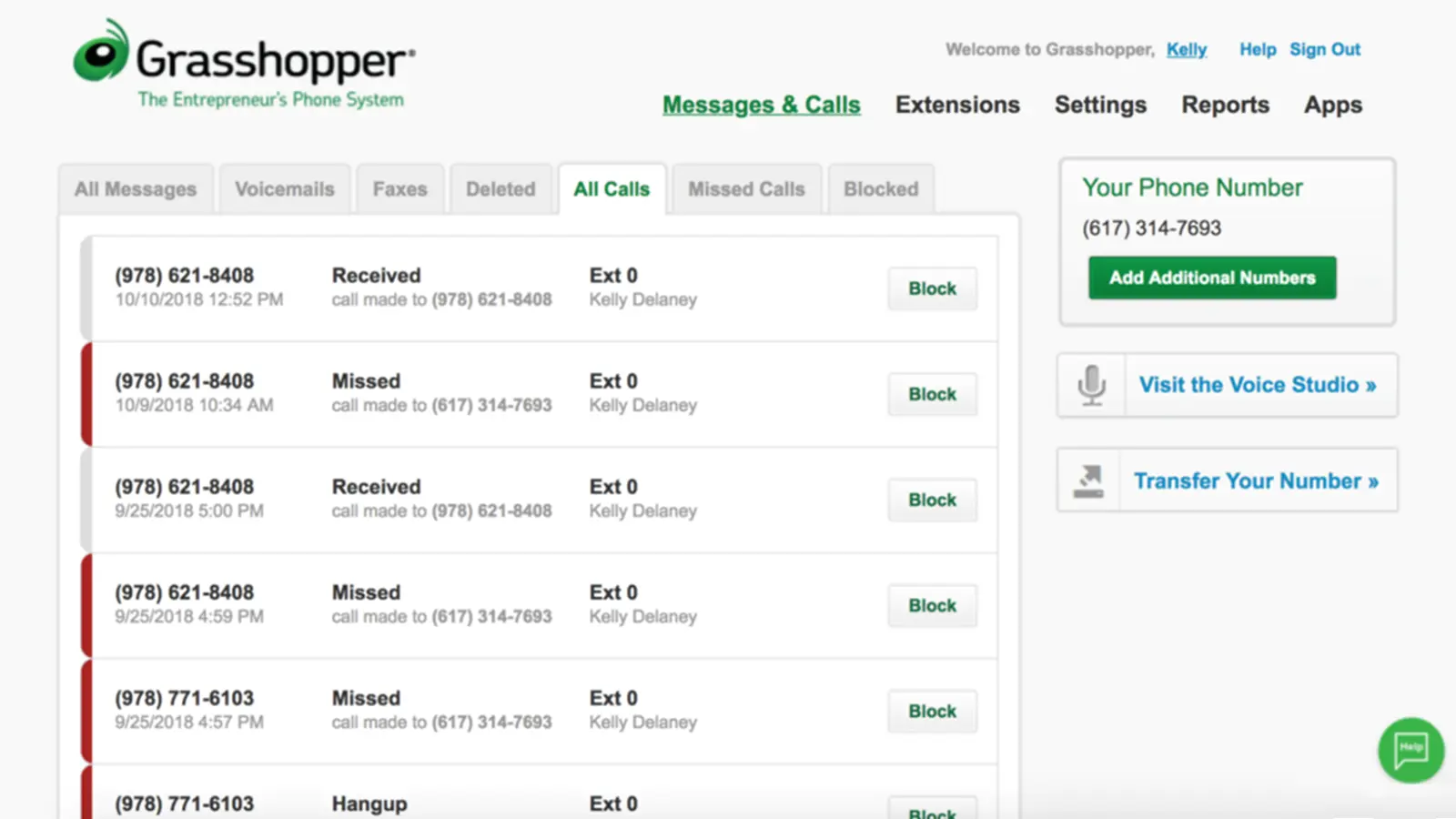 Grasshopper AI Phone System dashboard