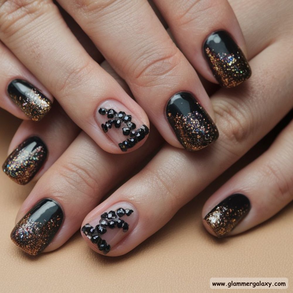 Black Fall Nails having Glittery Black Glam
