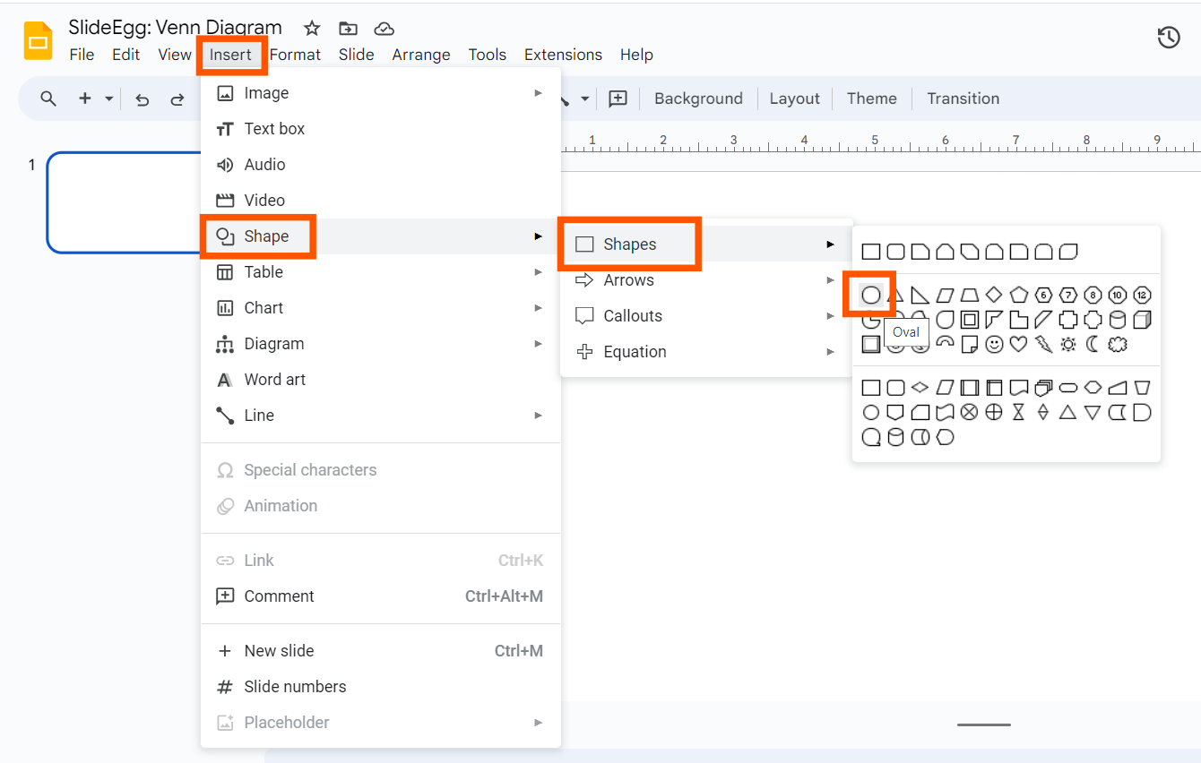 Insert > Shape > Shapes option in  Google Slides interface. Circle is highlighted to draw the Venn Diagram.