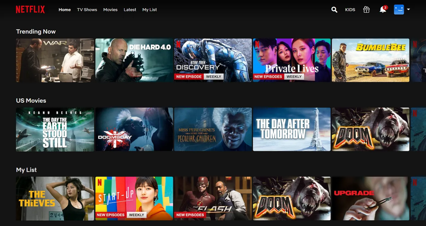 Netflix interface showcasing curated movie and series recommendations, applying Hick’s Law to simplify decision-making.