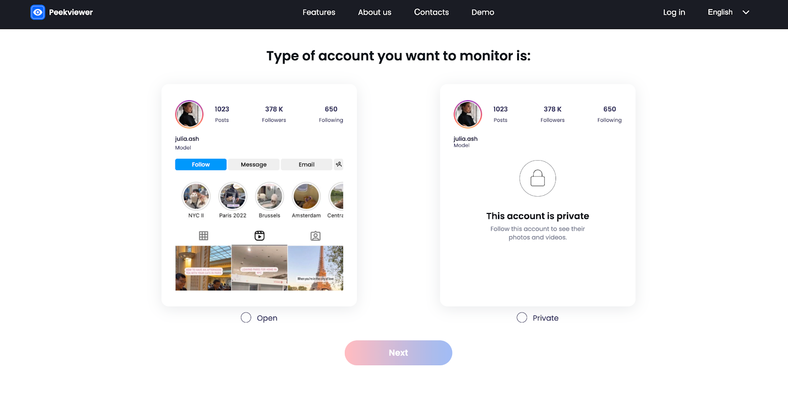 How to use Peekviewer Instagram like viewer: choosing account type