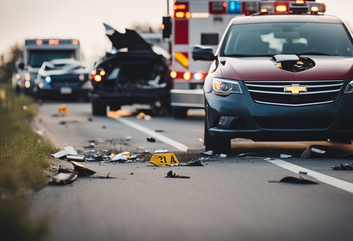 A car crashed on a busy Indiana highway, with debris scattered and emergency vehicles arriving at the scene