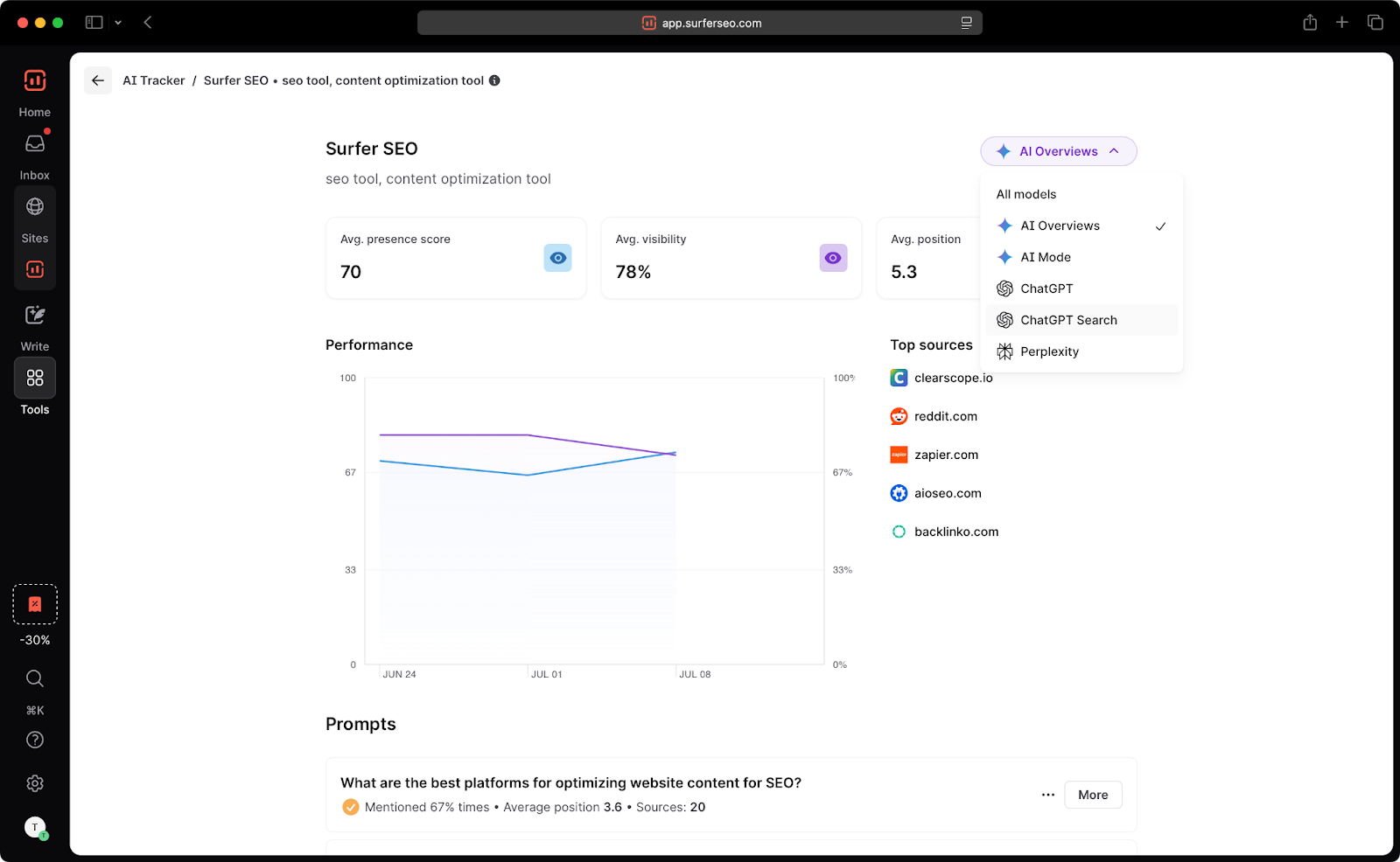 Screenshot of Surfer SEO's AI Tracker surfer extension GEO Tool