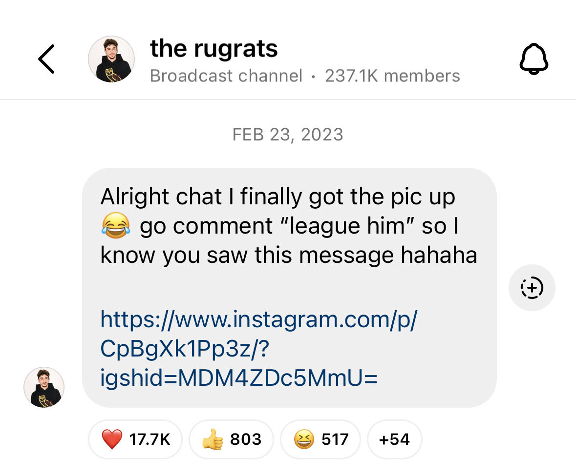 A preview of @fazerug’s Instagram broadcast channel. He shares a link to a photo on his main feed and tells the group to comment a specific phrase, "League him."