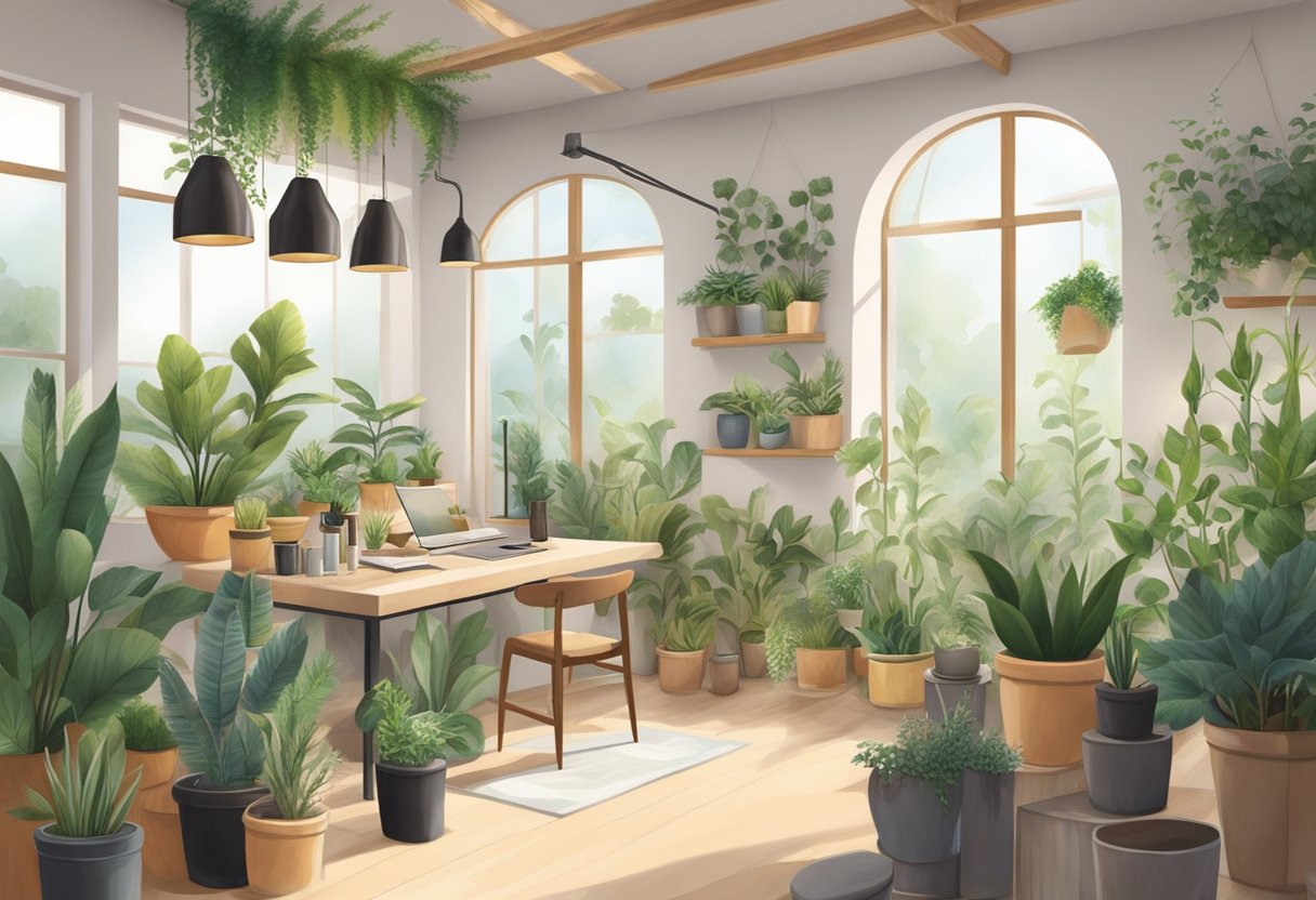 A serene studio with natural light, plants, and recycled materials. Lash technicians use eco-friendly products and tools