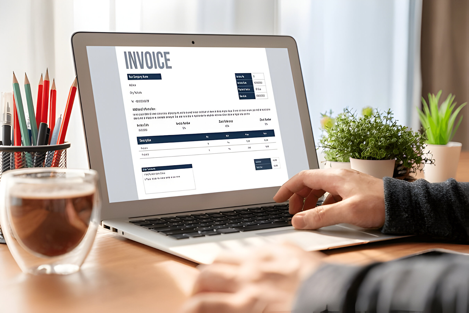 Person reviewing and managing invoices on a laptop, showcasing the importance of efficient invoice management for cash flow.