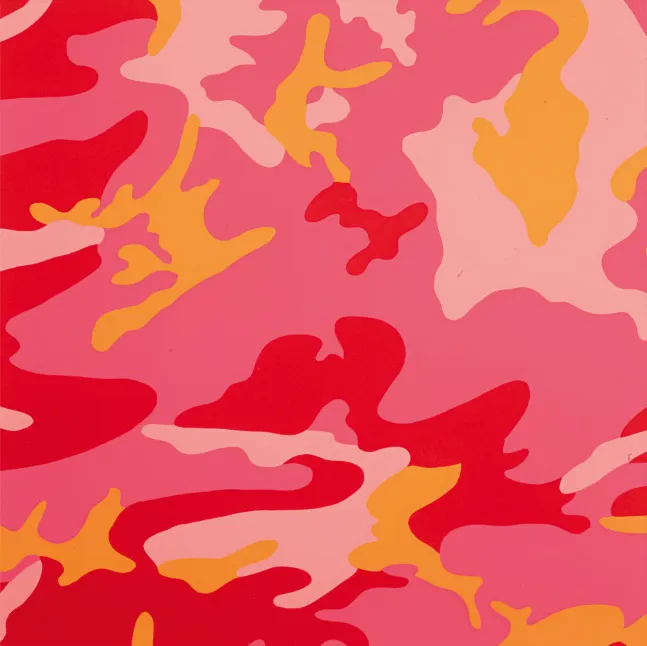 Using art as resistance against a symbol of war, Andy Warhol subverts the colours in ‘Camouflage,’ to make the symbol stand out