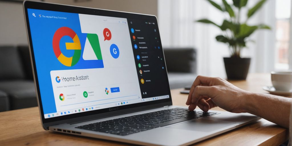 Laptop with Home Assistant and Google logos.