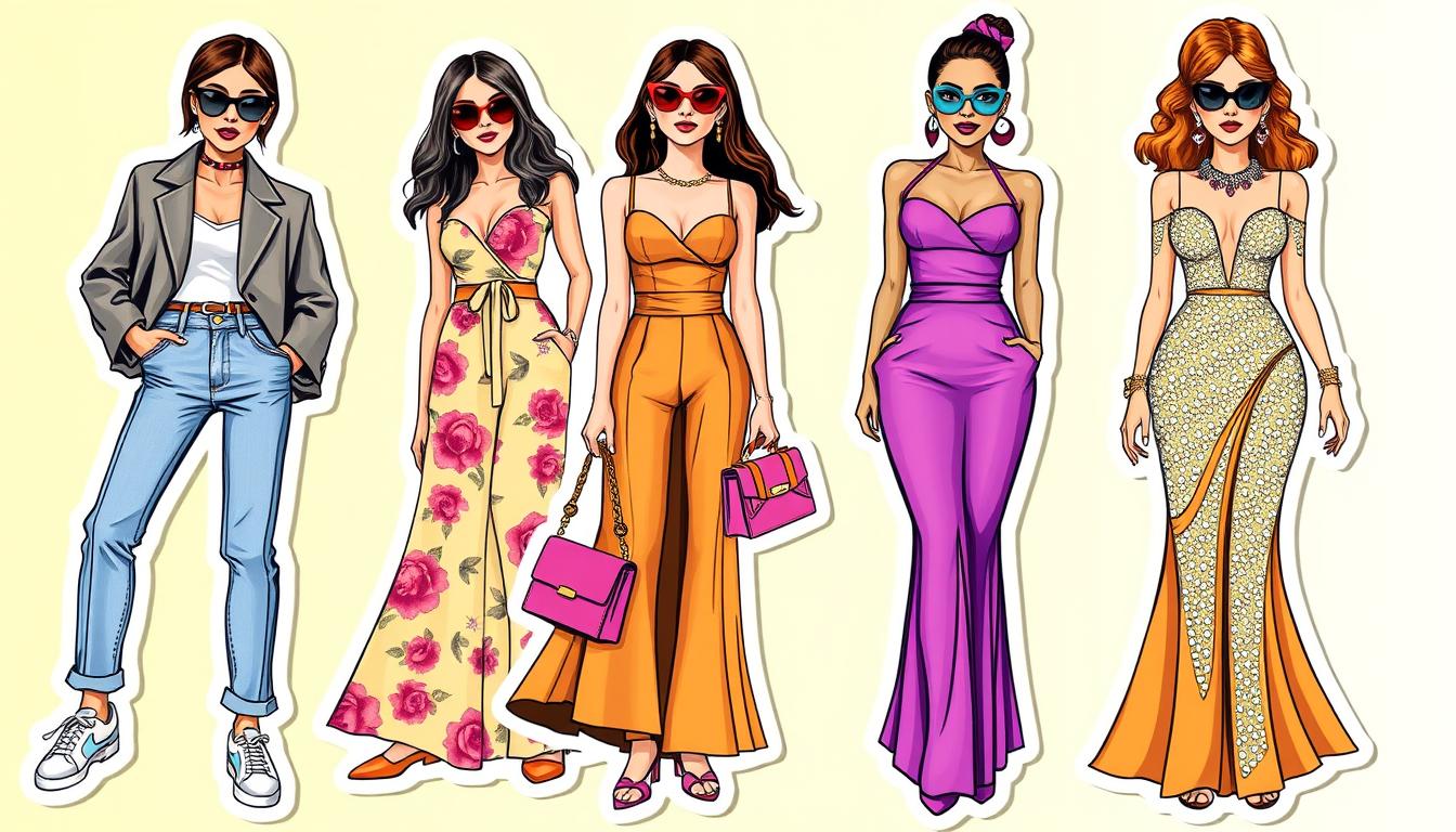 A collection of vibrant, stylish stickers featuring trendy fashion icons, showcasing various outfits like a chic oversized blazer with high-waisted jeans, a bohemian maxi dress with floral patterns, sleek athleisure wear in bold colors, and elegant evening gowns adorned with sequins. Each sticker should highlight accessories like statement sunglasses, oversized handbags, and unique jewelry pieces, all with a modern and playful aesthetic, set against a bright, lively background.