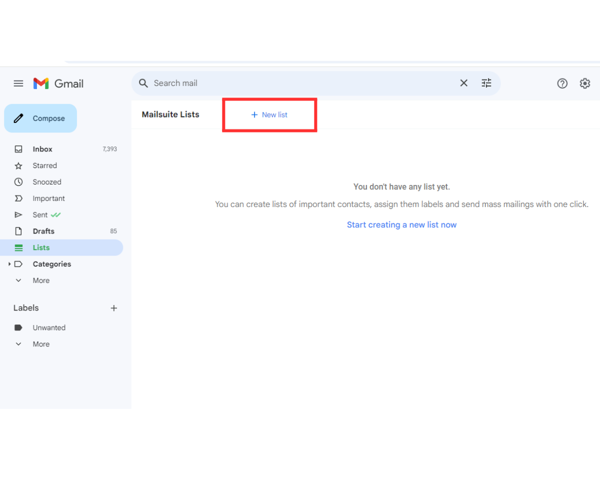 How to create email groups in Gmail with Mailsuite: In the List section of Gmail, click New list