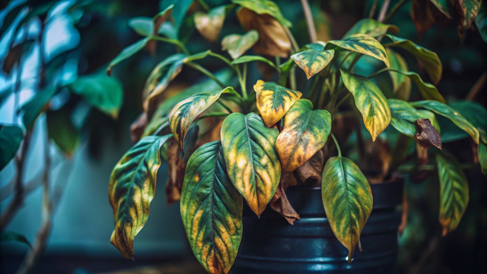 Zamioculca com folhas murchas em um ambiente com pouca luz