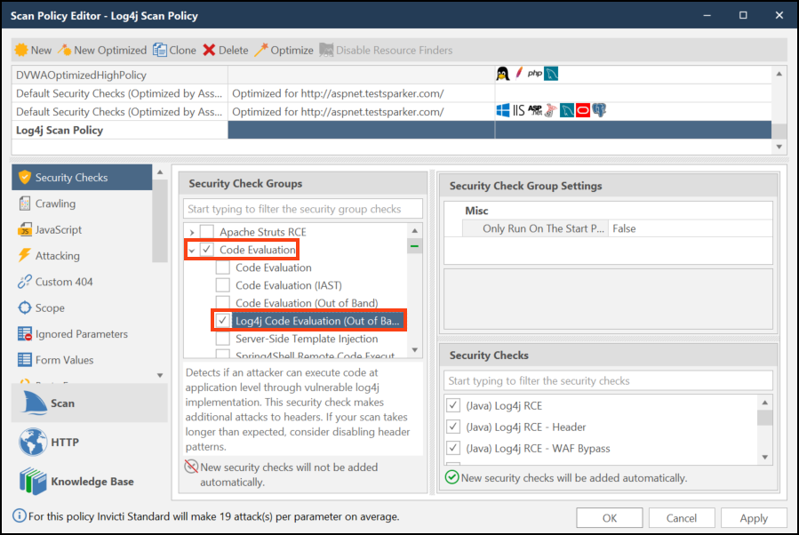 Setting up custom scan policy with code evaluation for Log4j vulnerability in Invicti Standard.