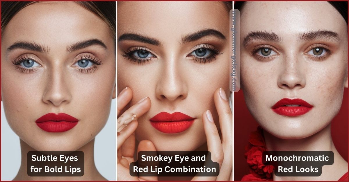 Makeup tutorial images for pairing red lips with various eye makeup styles.